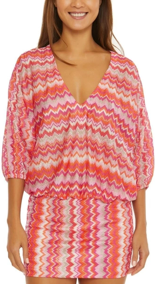 Mini Vestido Blusa Trina Turk Funda de Natación Transparente Chevron Rayas Rosa Naranja L-XL Foto 1 de 4