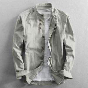 Camisas de algodón y lino estilo japonés para hombre Harajuku cuello alto manga larga - Imagen 1 de 28
