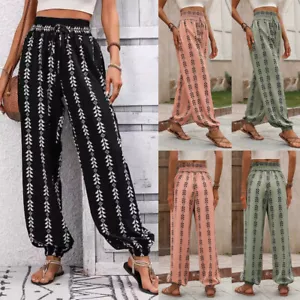 Womens Printed Wide Leg Baggy Harem Pants Ladies Casual Loose Trousers Slacks - Picture 1 of 24