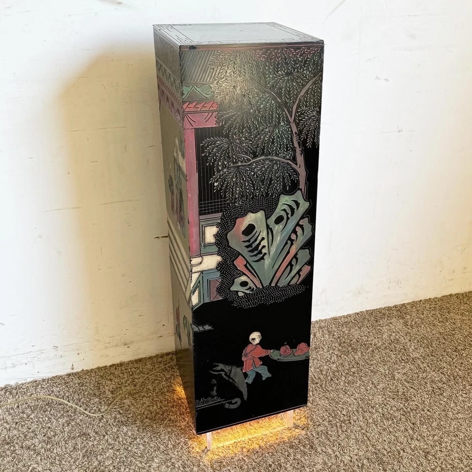Chinese Hand Carved and Painted Black Pedestal With Lit Acrylic Base - Image 1 of 4