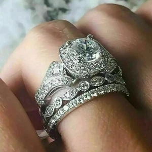 Art Deco Vintage runder Lab Created Diamant 925 Silber Verlobung Braut Ring Set - Bild 1 von 8