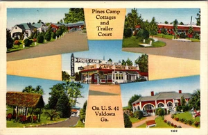 VALDOSTA GEORGIA PINES CAMP COTTAGES STRASSENSEITE GAS & RESTAURANT LEINEN POSTKARTE - Bild 1 von 2
