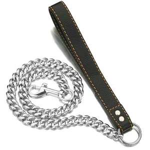 Chain Dog Leash Metal Chew Proof 15MM Heavy Duty Pet Leash Chain with Leather... - Picture 1 of 7
