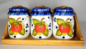 Rare Vintage 1970's 3Pc Strawberry Ceramic Spice/Jam Jars With Wooden Shelf - Picture 1 of 9