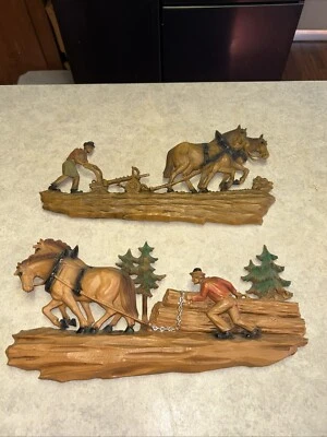 Vintage 3D Wall 2 Plastic Or Resin Plaques Horse Drawn Plow & Horse Pulling Logs - Image 1 of 4