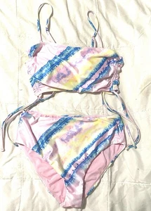 Island Soul Women’s High Waist Two Piece Bikini Swimsuit Pink Blue Sz Large - Picture 1 of 4