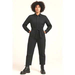 Zara Black Long Sleeve Belted Button Down Jumpsuit L witchy whimsy goth 68-28 - Picture 1 of 15