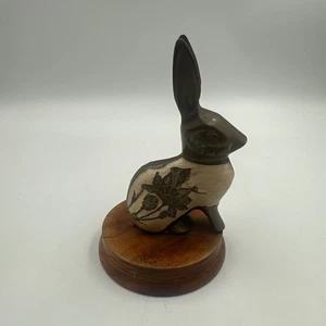 Vintage Niello Brass Bunny Rabbit Figurine Enameled Flower Pattern on Wood Stand - Picture 1 of 9