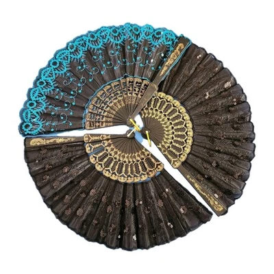 3 abanicos de mano plegables con lentejuelas bordadas negro dorado azul Foto 1 de 4