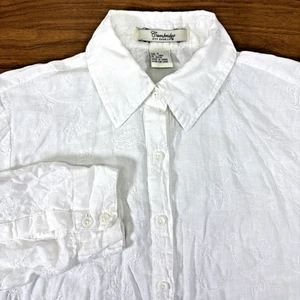 Cambridge Dry Goods White 100% Linen Floral Embroidered 3/4 Slv Button Shirt S - Picture 1 of 8
