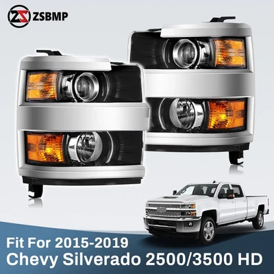 Pair Halogen Headlights For 2015-2019 Chevrolet Silverado 2500HD 3500 HD Chrome - Image 1 of 4