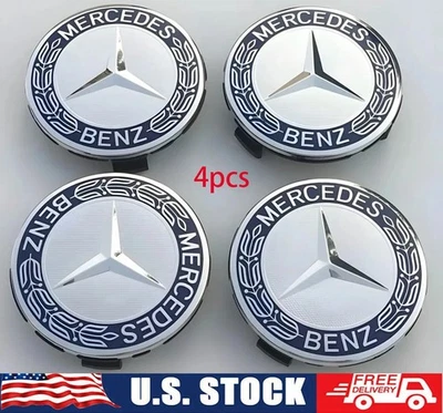4 x Blue Wheel Center Hub Caps Wreath Logo Fit Mercedes Benz A C E SL AMG Class - Изображение 1 из 4