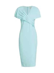 Badgley Mischka $475 Pleated Wrap Classic Sheath Dress in Azure Blue Size 10 NWT - Picture 1 of 6
