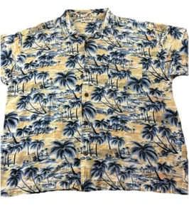 Hawaiian Tropic Shirt Mens XL Yellow Palm Tree Short Sleeve Summer Beach - Picture 1 of 6