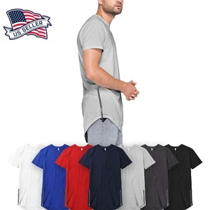 Mens Longline T SHIRTS ZIPPER Trim Hipster Extended HipHop Elongated Style Tee - Picture 1 of 22
