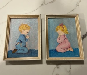 Pair of Small Paintings Children Boy Girl Praying 1950's 1960's Signed Framed - Picture 1 of 6