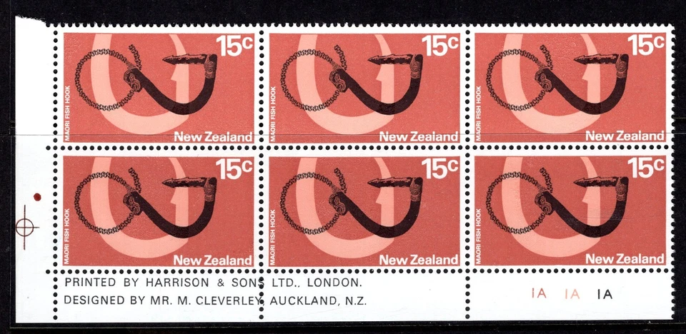 New Zealand 1973 Pictorials - No Wmk. - 15c Fish Hook Plate 1A Block One Dot MNH - Image 1 of 1