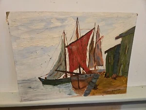 Vintage Oil on Board Boats in the harbor Original S. Kosinski 1960s - Picture 1 of 16