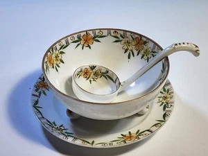 Vintage Nippon Porcelain Floral Three Footed Mayo Bowl, Saucer & Ladel Morimura - Picture 1 of 8