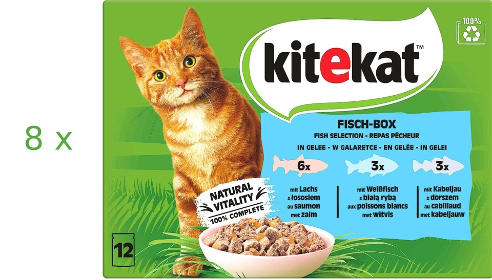 96 x 85 g Kitekat Fisch-Box in Gelee (€ 5,43/kg) für Feuchtfutter für Katzen  - Bild 1 von 1