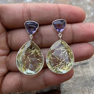 Purple Amethyst Gold Rutilated Glass Earring 925 Sterling Silver Post Earring - Bild 1 von 6