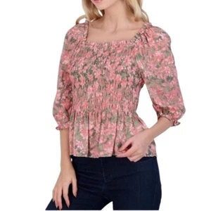 Nanette Lepore pink floral smocked off shoulder blouse womens large - Picture 1 of 12