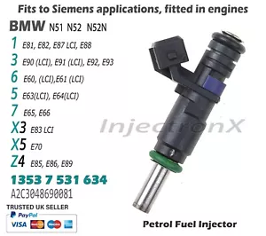 Petrol Fuel Injector 13537531634 for BMW 1 3 6 5 7 X3 X5 Z4 N51 N52 - Picture 1 of 1