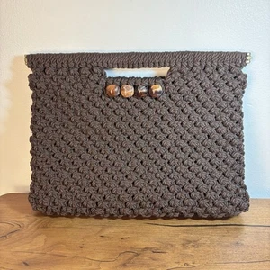 VTG 70's 1970's Macrame Crochet Beaded Hinged Clutch Bag Purse w/ Handle Hippie - Picture 1 of 7