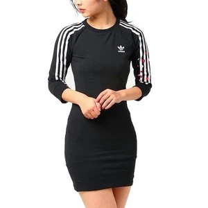 Adidas 3-Stripes Dress Mädchen Stretch Mini Kleid Long Shirt Kinder schwarz/weiß - Picture 1 of 12