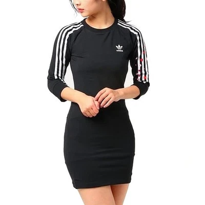 Adidas 3-Stripes Vestido Niñas Stretch Mini Camiseta Larga Niños Negro/Blanco - Imagen 1 de 4