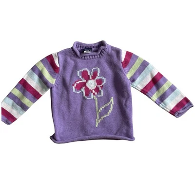 Rugged Bear Knit Sweater Purple Flower Striped 100% Cotton Girls Size 3/4 - Image 1 of 4