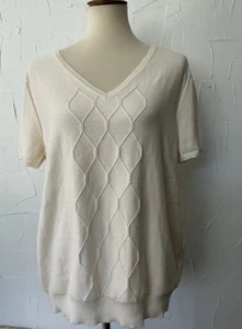 Basic Editions XL Ivory Knitted Top Short Sleeve Stretch Preppy Classic NWT - Picture 1 of 13