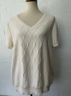 Basic Editions XL Ivory Knitted Top Short Sleeve Stretch Preppy Classic NWT - Image 1 of 4