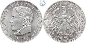 5 DM Freiherr von Eichendorff 1957 J - Silber Gedenkmünze - Jäger 391 [MZ319 - Bild 1 von 3