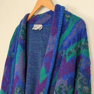 90s Cardigan Sweater Oversized 12 Blue Green Purple 80s Vintage Grandpa Mohair - Picture 1 of 14