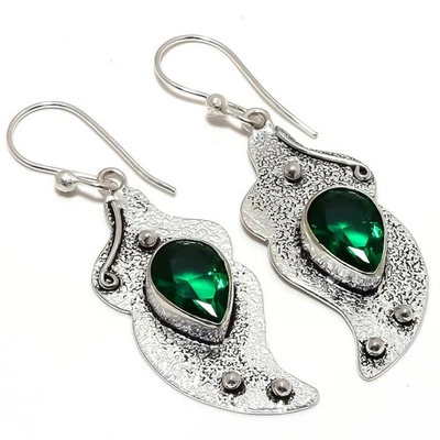 Pendiente de plata de ley 925 con piedras preciosas de diopsido cromado 2,4" O526 Foto 1 de 4