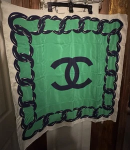 Vintage Chanel 100% Silk 34″×34″ Scarf – Green Chain-link Print - Picture 1 of 4