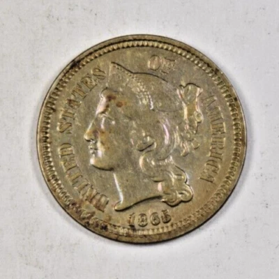 1865 THREE CENT NICKEL ~COLORFUL TONING SHARP AU/BU ABOUT UNCIRCULATED SLIDER! - Image 1 of 2