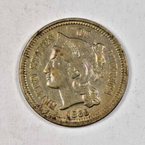 1865 THREE CENT NICKEL ~COLORFUL TONING SHARP AU/BU ABOUT UNCIRCULATED SLIDER! - Image 1 of 2