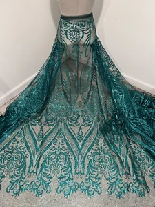 Teal Green Sprinkles Glitter lace fabric 50" width sold by the yard - Picture 1 of 8