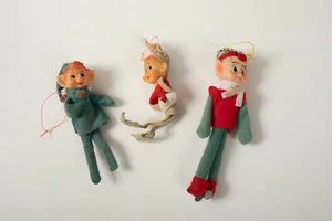 Set 3 Weihnachtselfen (S3L-4) Baumschmuck Vintage rot grün winzig japanisches Wildleder? - Bild 1 von 10