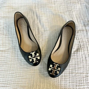 Chaussures plates Tory Burch pointure 4 cuir grainé noir logo doré à enfiler femme - Photo 1/9