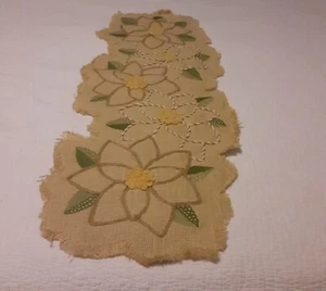 Pier 1 Natural Embroidered Fringed Edge Table Runner Needle Work Embroidery - Picture 1 of 6