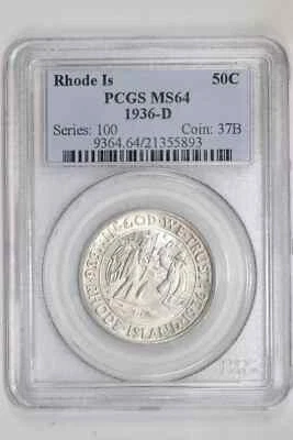 1936-D RHODE ISLAND SILVER COMMEMORATIVE HALF DOLLAR PCGS MS64 - Image 1 of 2