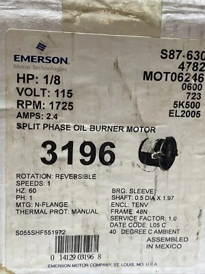 MOTOR QUEMADOR ACEITE EMERSON 3196 S87-630 4782 MOT06246 Foto 1 de 4