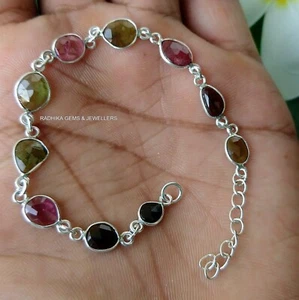 Natural Multi- Rose Cut Tourmaline Gemstone 925 Sterling Silver Bracelet 7-8" - Picture 1 of 4