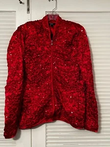 MSK Red Satin Sequin Quilt Crinkle Zipper Long Sleeve Jacket, L Jacket Size - Picture 1 of 11