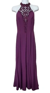 Zum Zum Dress 5/6 Vintage 90s Plum Formal Lace Beaded Halter Sheath Maxi Mermaid - Picture 1 of 14