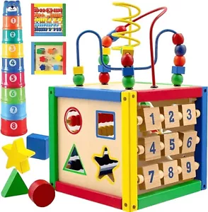 Wooden Activity Cube With Bead Maze 5 n 1 Baby Activity Cube Removable Bead Maze - Picture 1 of 8