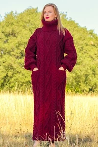 Red wool cable dress designer long sweater handknit thick winter gown SUPERTANYA - Picture 1 of 8